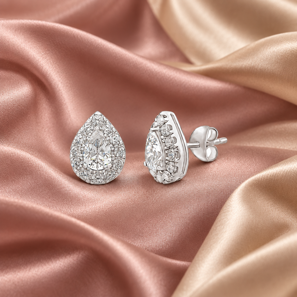 Eira Pear Halo Stud Earrings