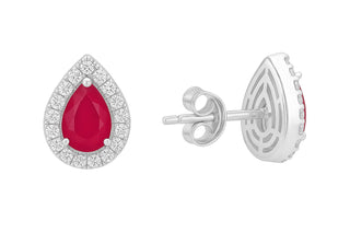 Scarlet Pop Halo Moissanite & Lab Grown Ruby Stud Earrings | Elegant Silver Jewelry