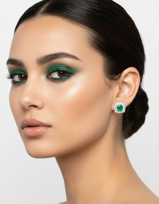 Pine Pop Halo  Moissanite & Lab Grown Emerald Stud Earrings | Elegant Silver Jewelry