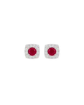 Red Velvet Pop Halo Moissanite & Lab Grown Ruby Stud Earrings | Elegant Silver Jewelry