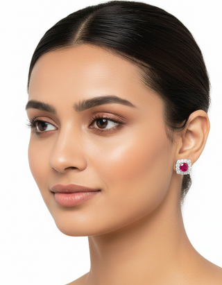 Red Velvet Pop Halo Moissanite & Lab Grown Ruby Stud Earrings | Elegant Silver Jewelry