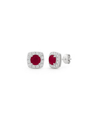 Red Velvet Pop Halo Moissanite & Lab Grown Ruby Stud Earrings | Elegant Silver Jewelry