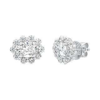 Oval Shape with Round Halo Moissanite Stone Stud Earrings in Sterling Silver