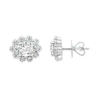 Oval Shape with Round Halo Moissanite Stone Stud Earrings in Sterling Silver