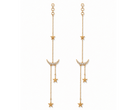 A pair of gold dangle earrings featuring a crescent moon and star motifs, with small clear rhinestone accents on the crescent moons and circular gold posts at the top, shown against a plain white background.