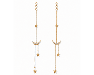 A pair of gold dangle earrings featuring a crescent moon and star motifs, with small clear rhinestone accents on the crescent moons and circular gold posts at the top, shown against a plain white background.