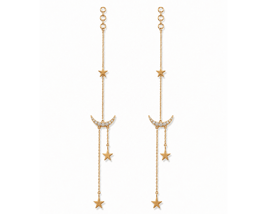 A pair of gold dangle earrings featuring a crescent moon and star motifs, with small clear rhinestone accents on the crescent moons and circular gold posts at the top, shown against a plain white background.