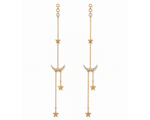 A pair of gold dangle earrings featuring a crescent moon and star motifs, with small clear rhinestone accents on the crescent moons and circular gold posts at the top, shown against a plain white background.