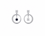 A pair of silver-tone dangle earrings with circular openwork borders, small pavé-set stones, and a central dark round gemstone in each earring, shown on a plain white background.