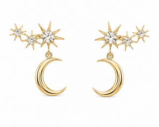 A pair of gold crescent moon and star cluster earrings with clear rhinestone accents, shown on a plain white background.