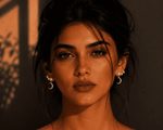 A close-up portrait of a woman with dark hair in a bun, wearing small silver hoop earrings, against a warm, dimly lit background.