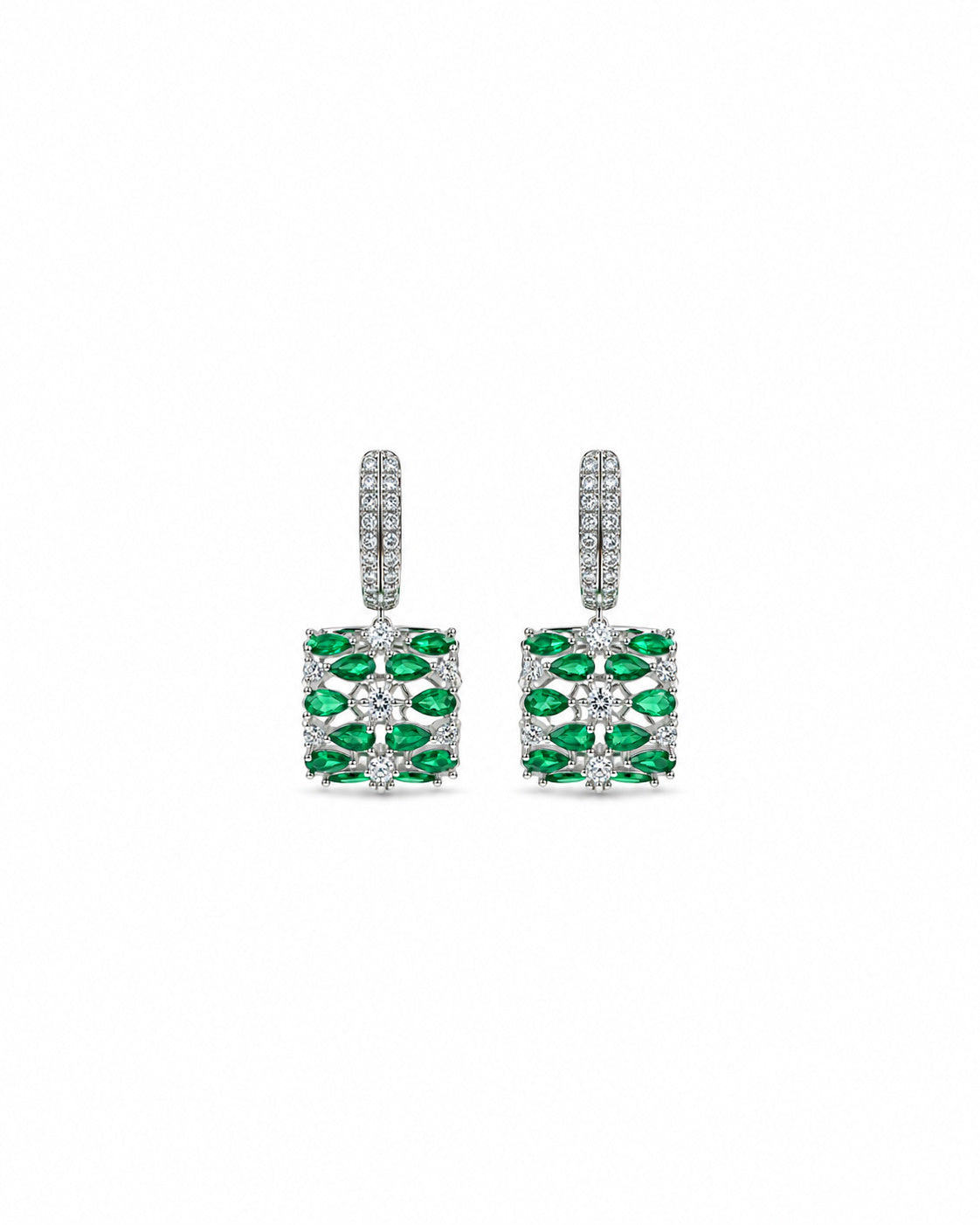 Jaali Drop Earrings: silver-plated drop earrings with American diamond and green stones
