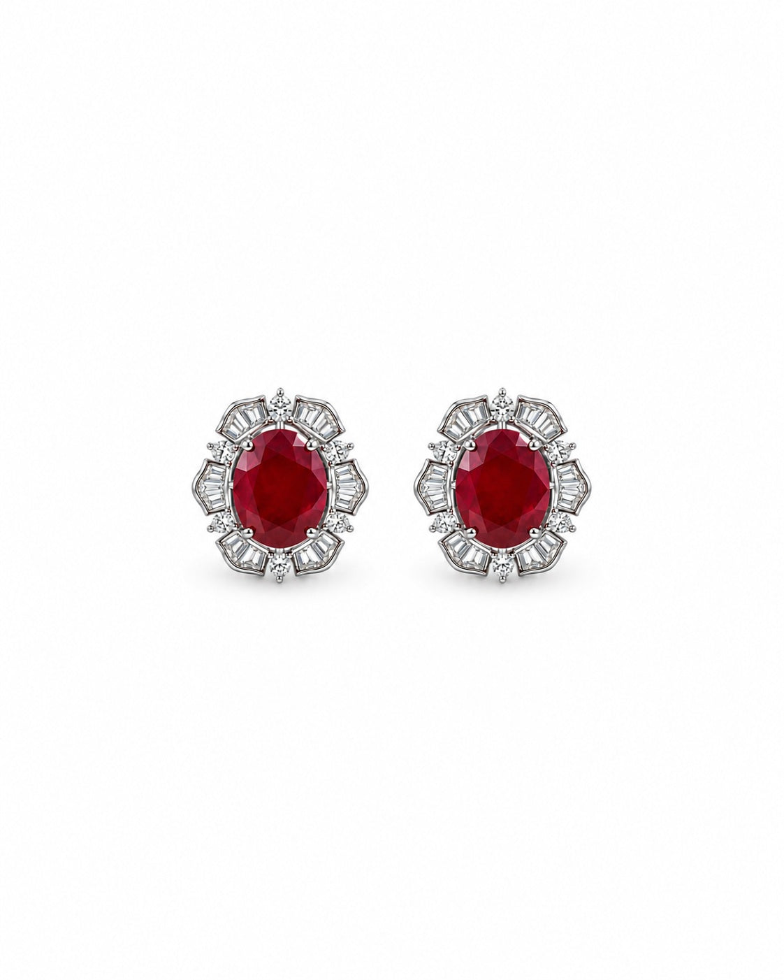 Laal Jharokha Stud Earrings: silver-plated oval studs with a red stone and American diamond baguettes