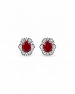 Laal Jharokha Stud Earrings: silver-plated oval studs with a red stone and American diamond baguettes