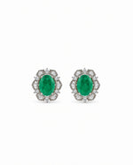 Panna Jharokha Stud Earrings: silver-plated oval studs with a green stone and American diamond baguettes