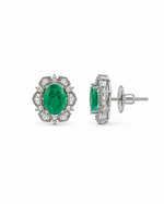 Panna Jharokha Stud Earrings: silver-plated oval studs with a green stone and American diamond baguettes