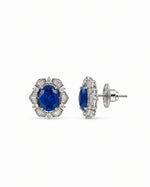 Neel Jharokha Stud Earrings: silver-plated oval studs with a blue stone and American diamond baguettes