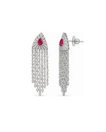 Laal Jhilmil Earrings: silver-plated fringe earrings with American diamond strands and a red stone