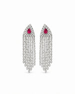 Laal Jhilmil Earrings: silver-plated fringe earrings with American diamond strands and a red stone