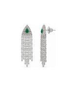 Panna Jhilmil Earrings: silver-plated fringe earrings with American diamond strands and a green stone