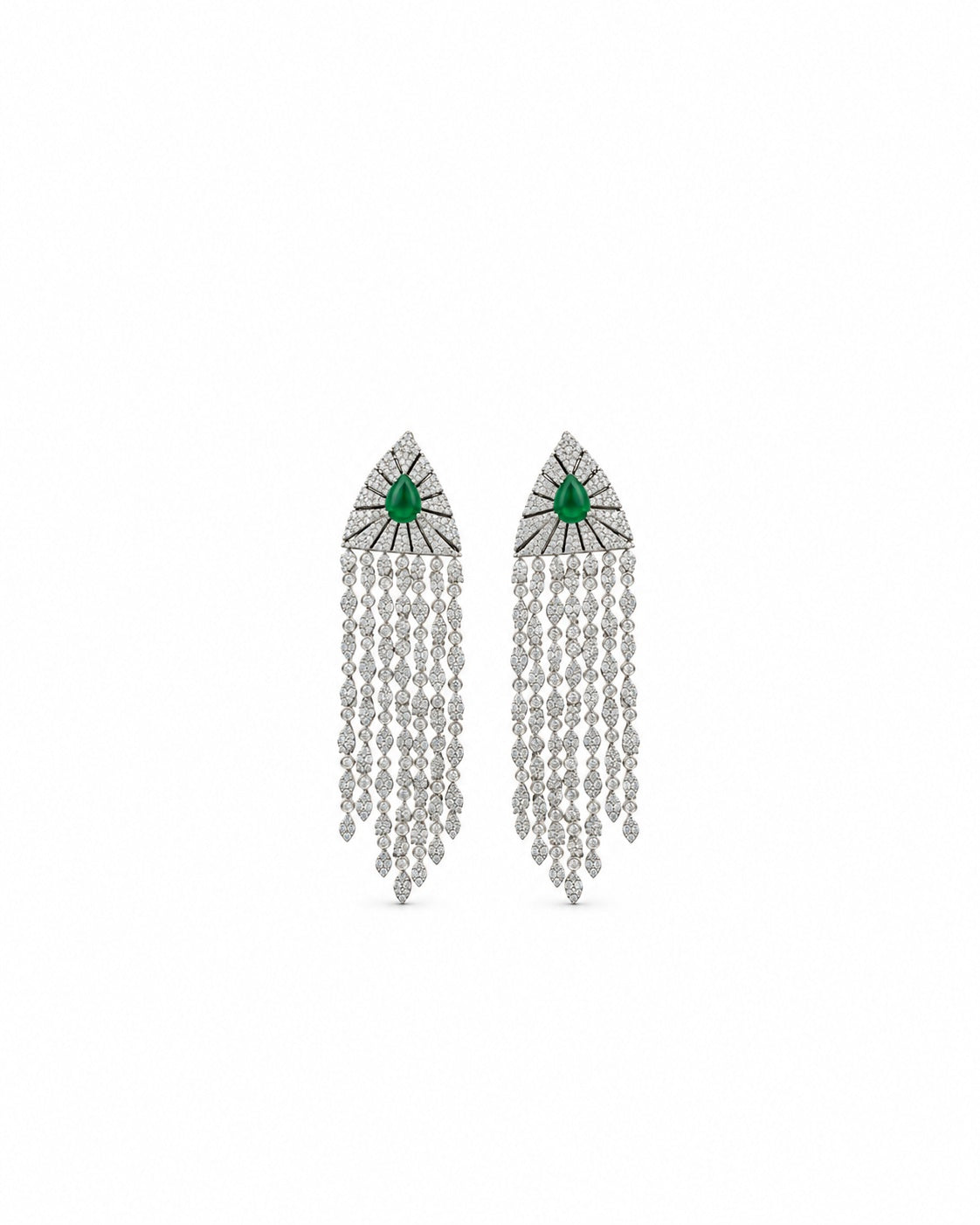 Panna Jhilmil Earrings: silver-plated fringe earrings with American diamond strands and a green stone