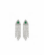 Panna Jhilmil Earrings: silver-plated fringe earrings with American diamond strands and a green stone