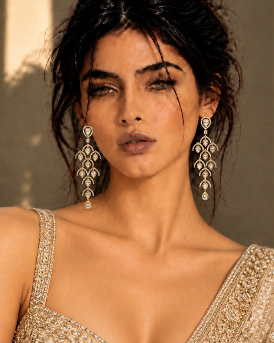 Swarna Jhoomar Chandelier Earrings gold-plated chandelier earrings with American diamond stones