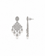 Darbar Chandelier Earrings: silver-plated chandelier earrings with American diamond stones and pearl-look drops