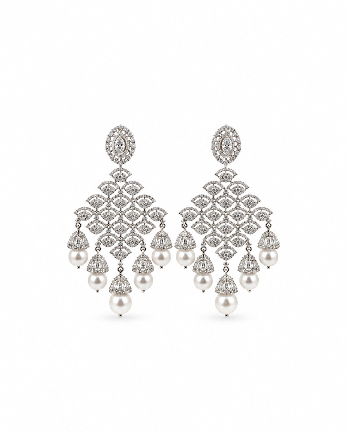 Darbar Chandelier Earrings: silver-plated chandelier earrings with American diamond stones and pearl-look drops