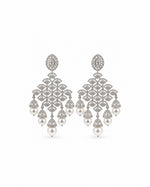 Darbar Chandelier Earrings: silver-plated chandelier earrings with American diamond stones and pearl-look drops