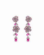 Gulab Cascade Earrings: silver-tone brass rose drop earrings with American diamonds and pink stones