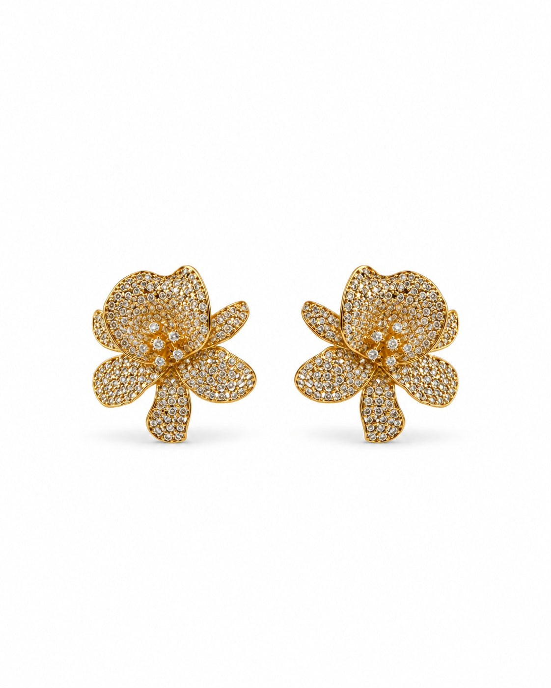Suvarna Orchid Earrings: gold-tone brass orchid studs paved with American diamonds