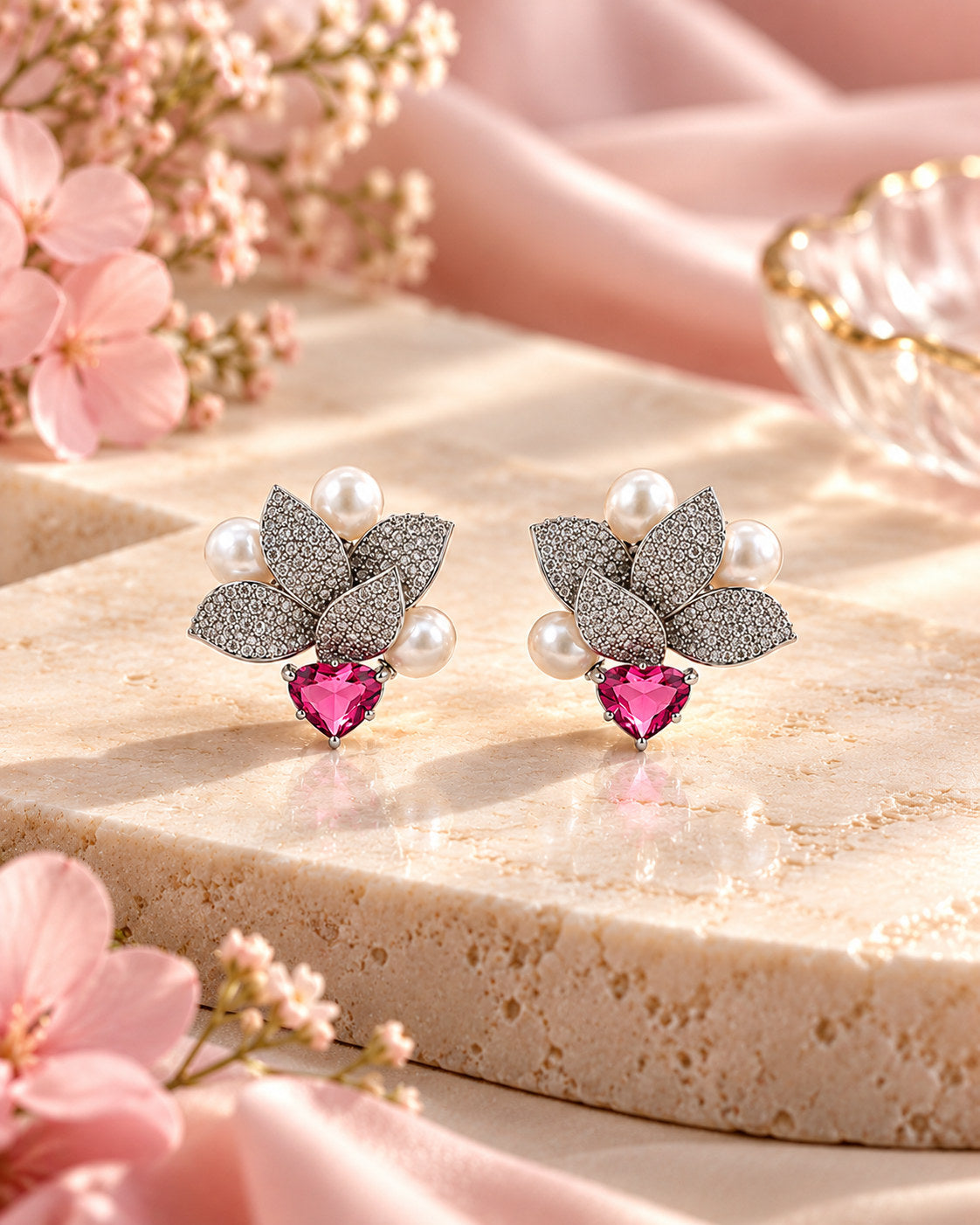 A pair of silver-toned butterfly earrings with pavé-set stones, white pearl accents, and a pink heart-shaped crystal at the center, displayed on a beige stone slab with pink flowers.