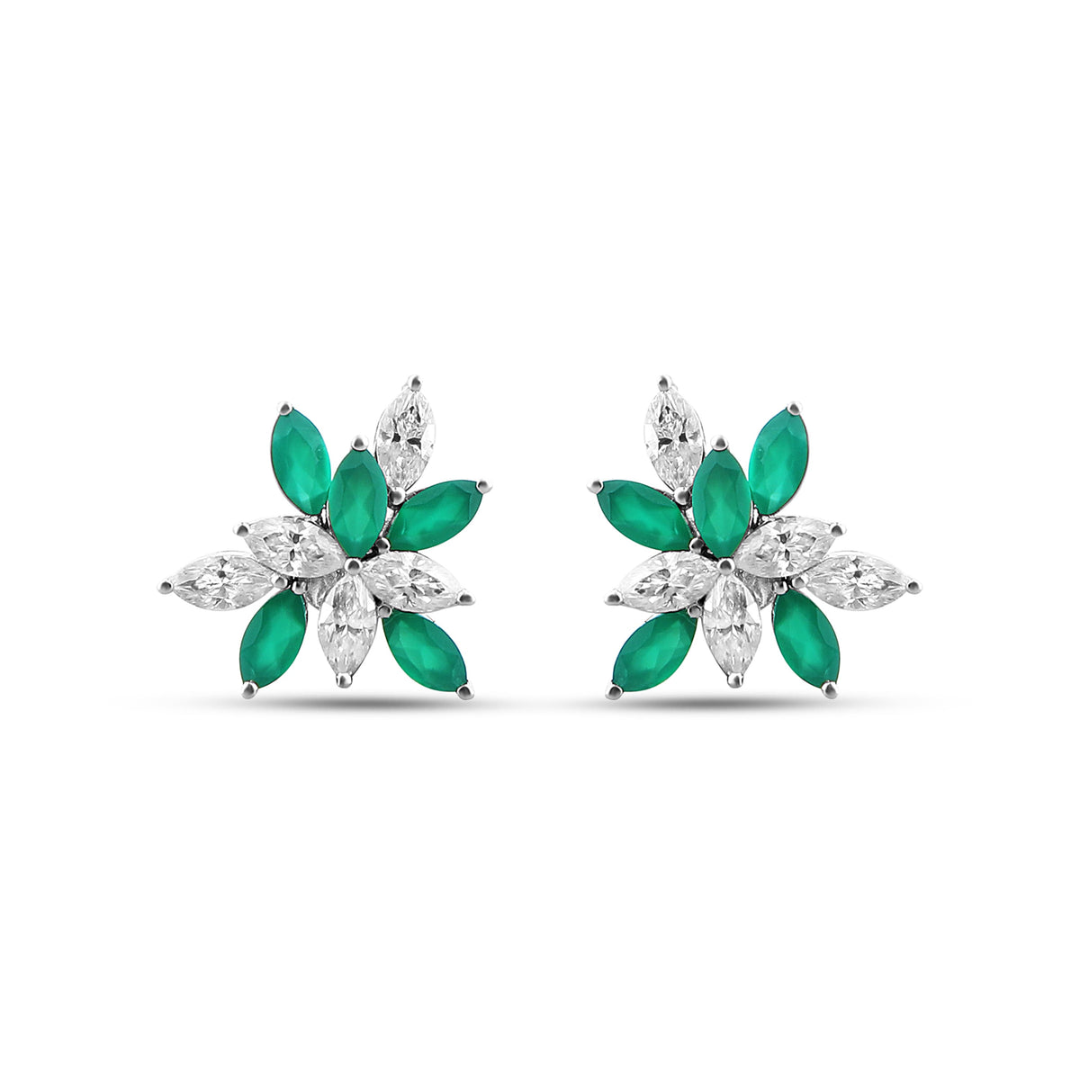 Emerald Pop Flower Moissanite Earrings | Silver Floral Stud Earrings | Adila