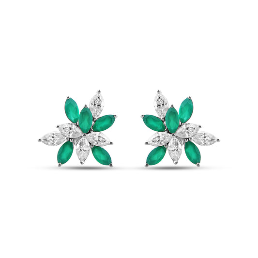 Emerald Pop Flower Moissanite Earrings | Silver Floral Stud Earrings | Adila