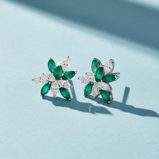 Emerald Pop Flower Moissanite Earrings | Silver Floral Stud Earrings | Adila