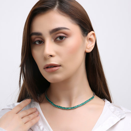 Green and white stone silver necklace for women