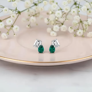 Eshani Duo Green Emerald & Moissanite Stud Earrings