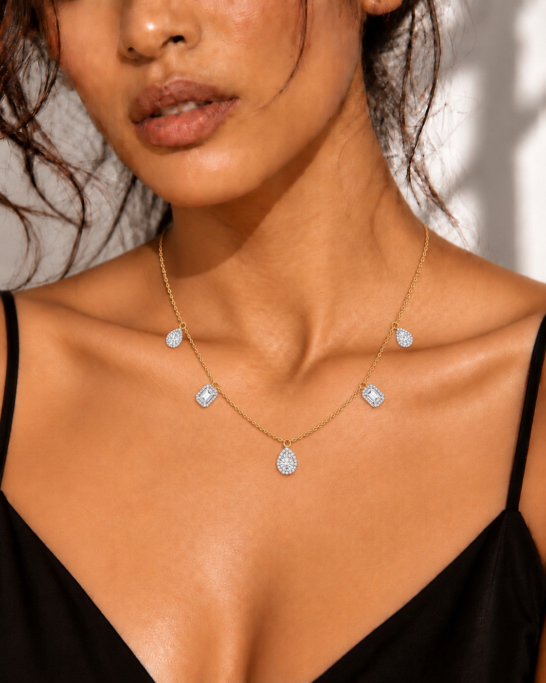Talia Multi-Shape Halo Necklace in Silver & Moissanite