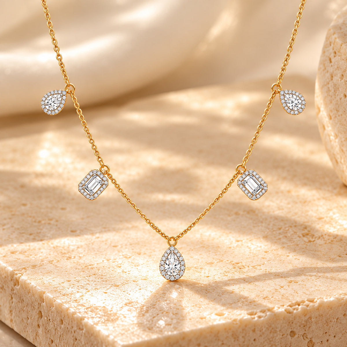 Talia Multi-Shape Halo Necklace in Silver & Moissanite