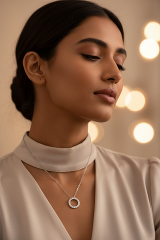 Silver  pendant with a diamond moissanite-studded circular pendant | Adila Jewels