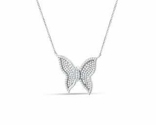Butterfly-shaped pendant necklace on a white background