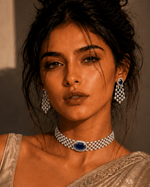 A close-up portrait of a woman wearing a silver-toned checkered choker necklace with a large oval blue stone, matching drop earrings, and a metallic champagne sari against a warm shadowed wall.