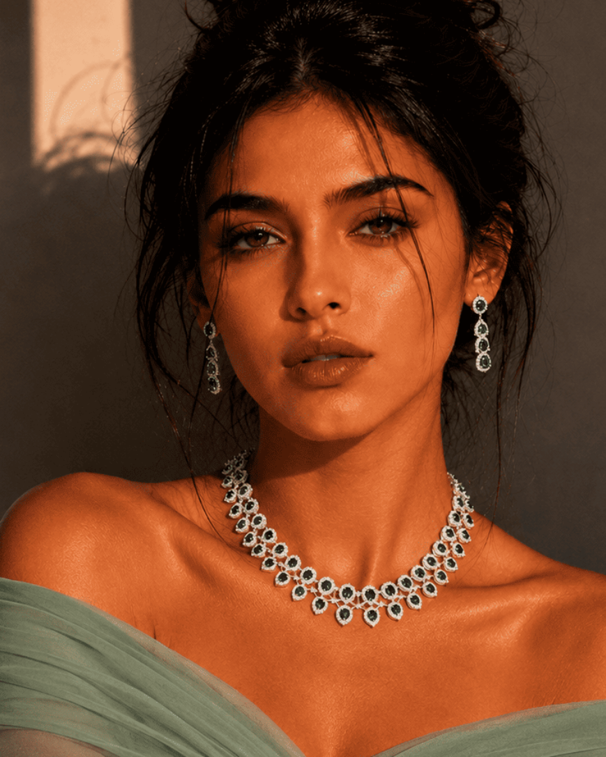 A woman with dark hair styled in a bun wears a sparkling silver-toned diamond necklace and matching drop earrings, paired with a sage green off-the-shoulder top. She is posed against a warm beige wall with dramatic shadows.
