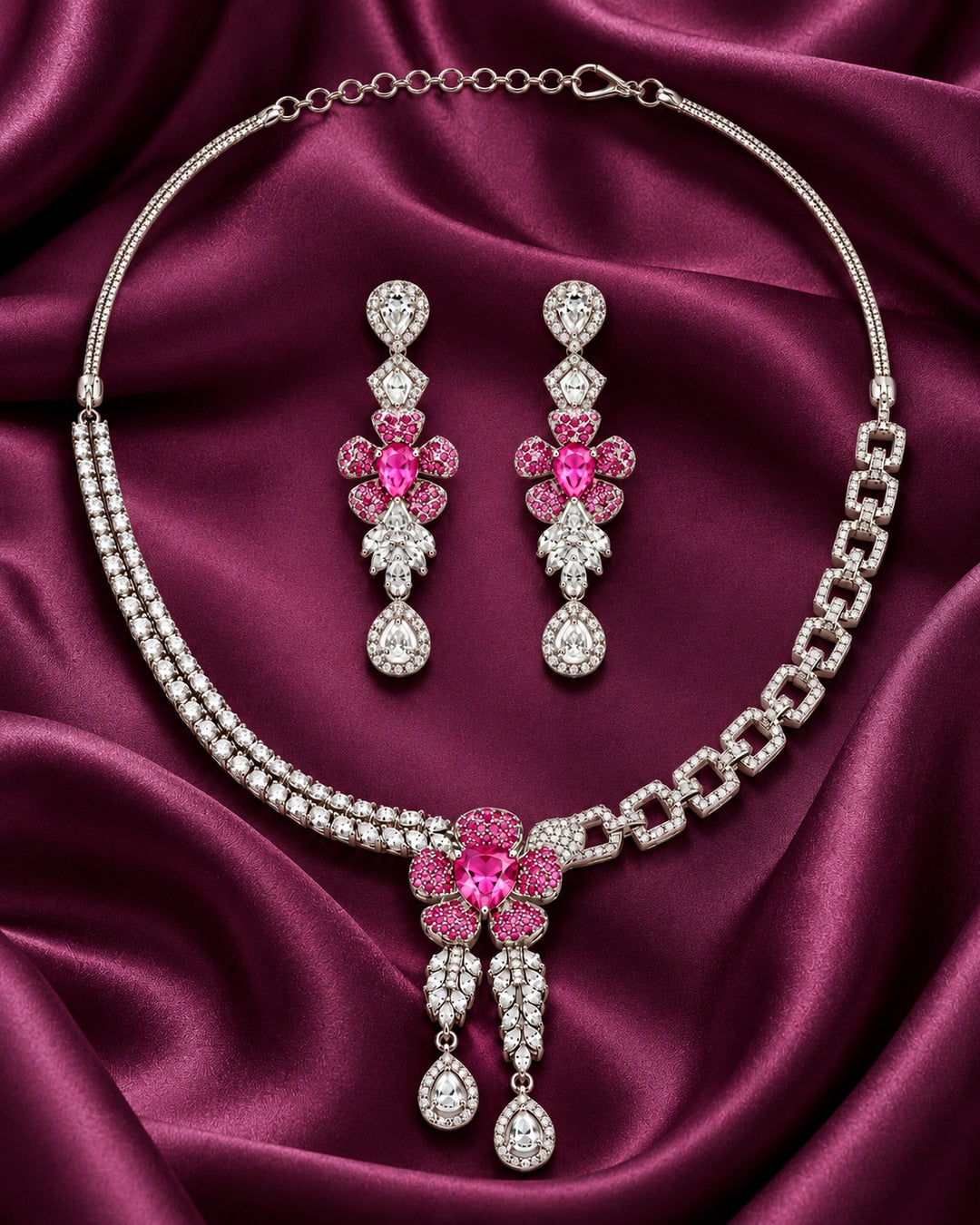 Ruhi Red Necklace Set | Floral AD Jewellery | Adila