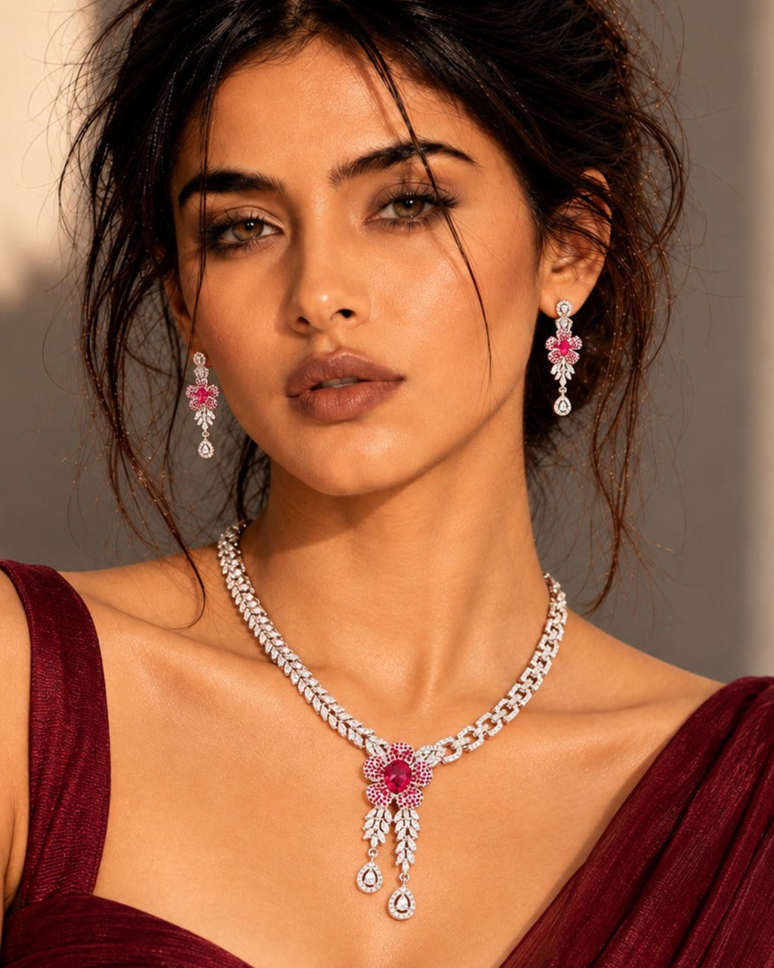 Ruhi Red Necklace Set | Floral AD Jewellery | Adila