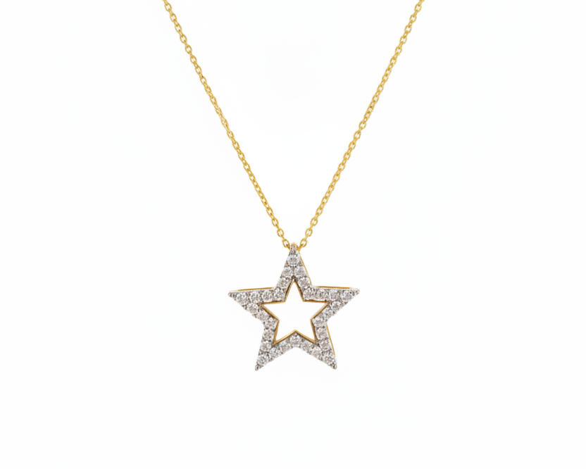 Star-shaped pendant necklace on a gold chain against a white background