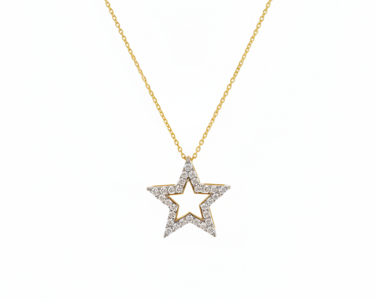 Star-shaped pendant necklace on a gold chain against a white background