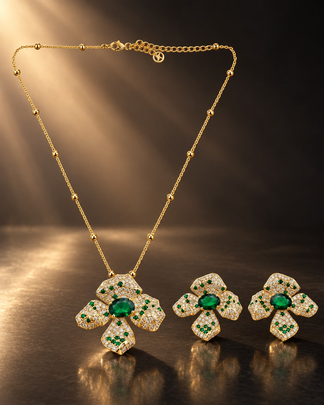Vanya Green Blossom Pendant Earring Set