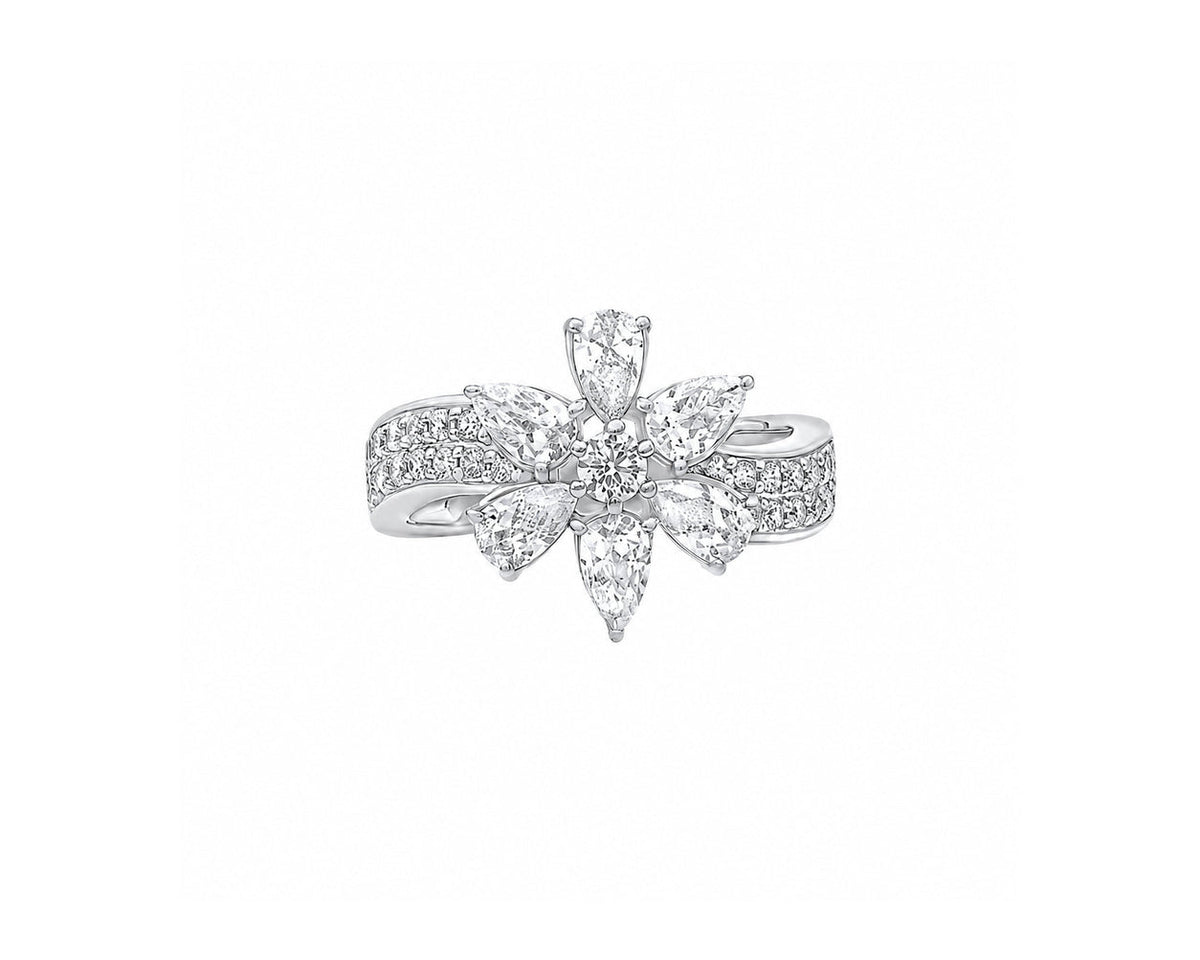 Pear and Round Moissanite Flower Shape Ring